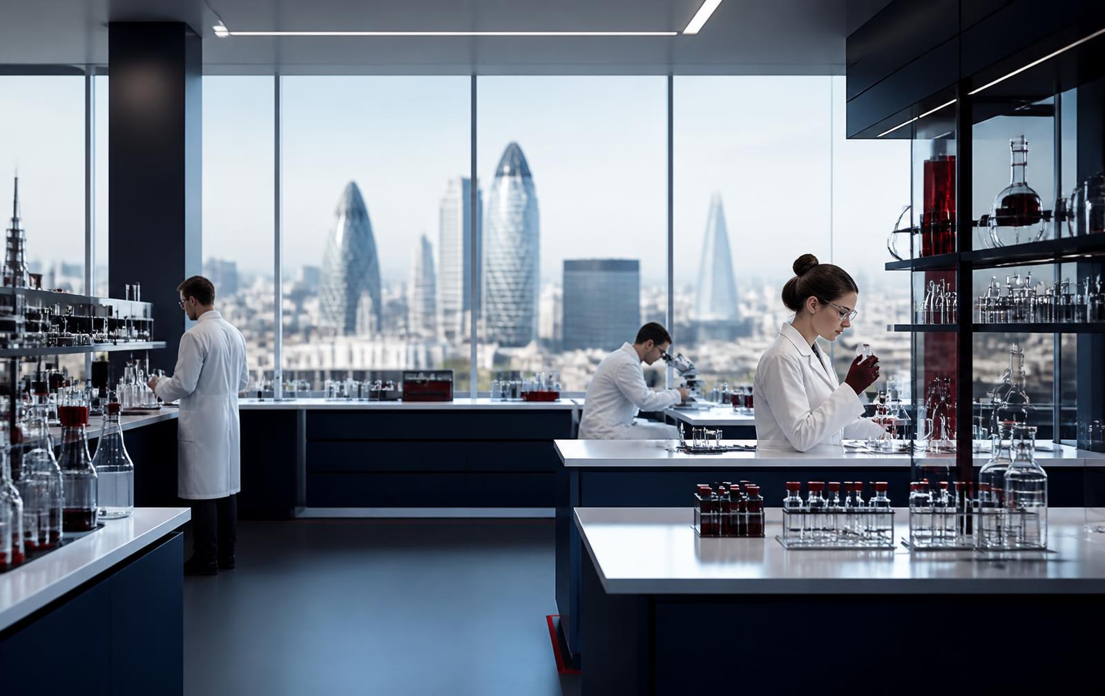 UK Peptide research laboratory in Central London with the city skyline